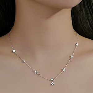 Sterling Silver Four Leaf Clover Necklace Zircon Dainty Tiny Delicate